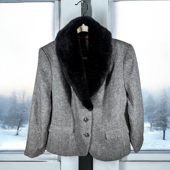 Talbots Women's 16 Gray Herringbone Aberdeen Shetland Blazer Faux Fur Collar - Picture 2 of 12